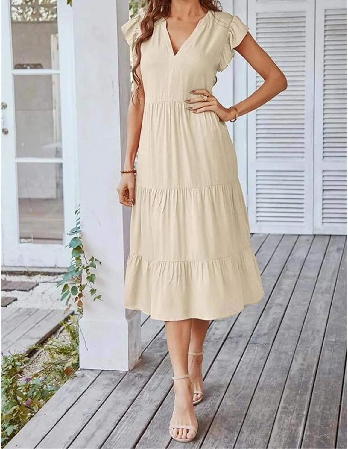 Womens Summer Dresses Ruffle Sleeve V Neck Midi Dress 2024 Fashion Casual Fit Flowy Tiered Boho Beach Sundress