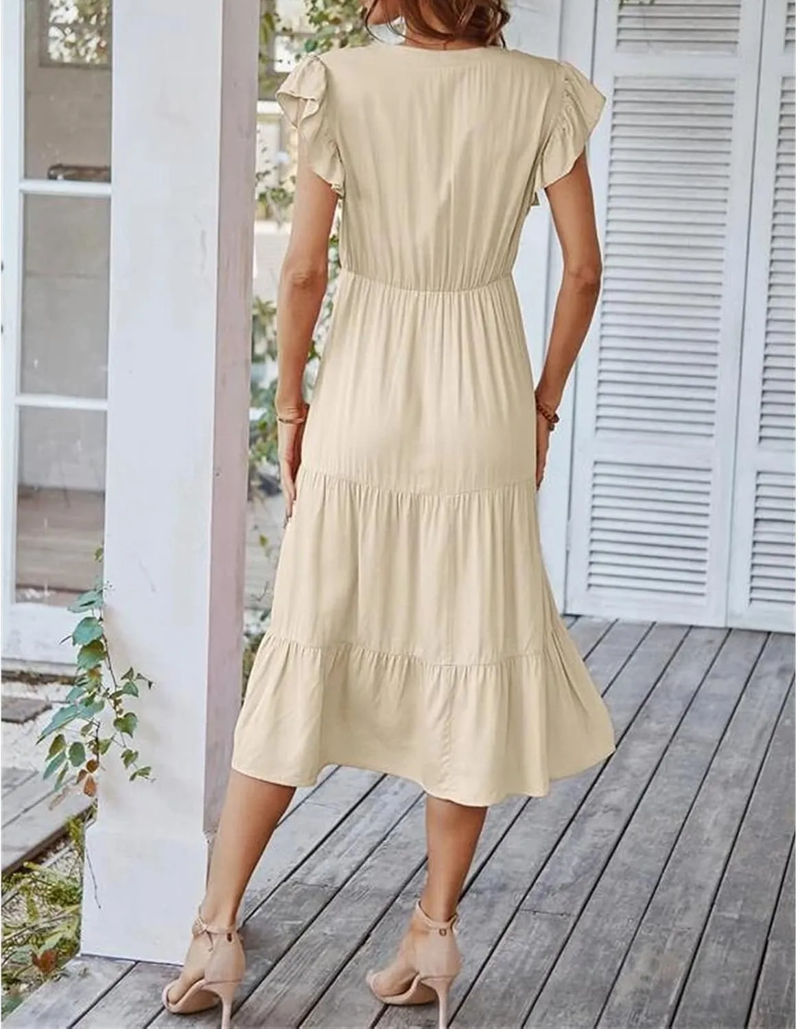 Womens Summer Dresses Ruffle Sleeve V Neck Midi Dress 2024 Fashion Casual Fit Flowy Tiered Boho Beach Sundress