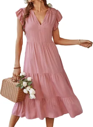Womens Summer Dresses Ruffle Sleeve V Neck Midi Dress 2024 Fashion Casual Fit Flowy Tiered Boho Beach Sundress