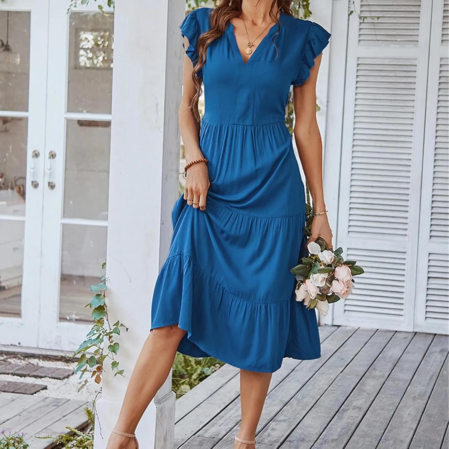 Womens Summer Dresses Ruffle Sleeve V Neck Midi Dress 2024 Fashion Casual Fit Flowy Tiered Boho Beach Sundress