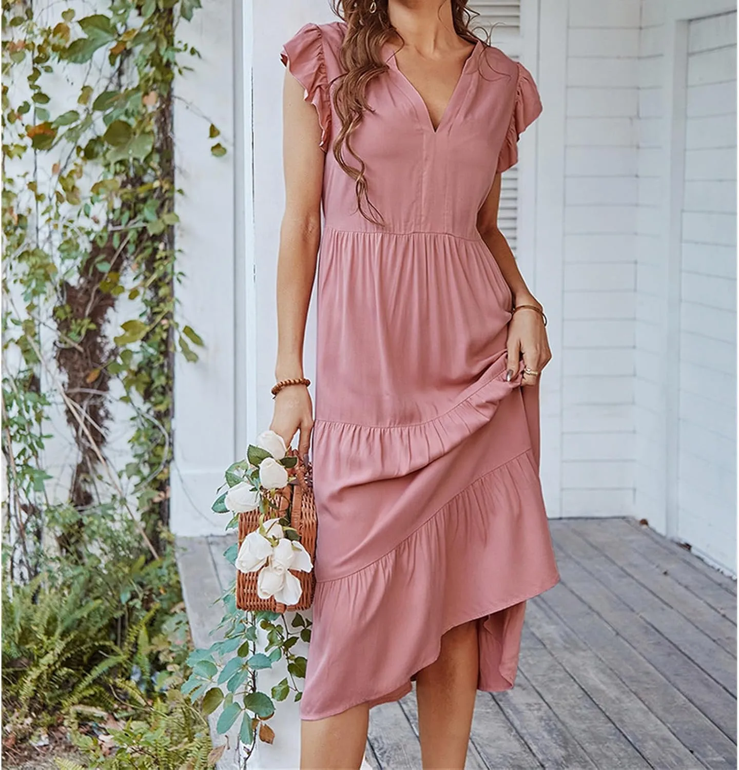Womens Summer Dresses Ruffle Sleeve V Neck Midi Dress 2024 Fashion Casual Fit Flowy Tiered Boho Beach Sundress