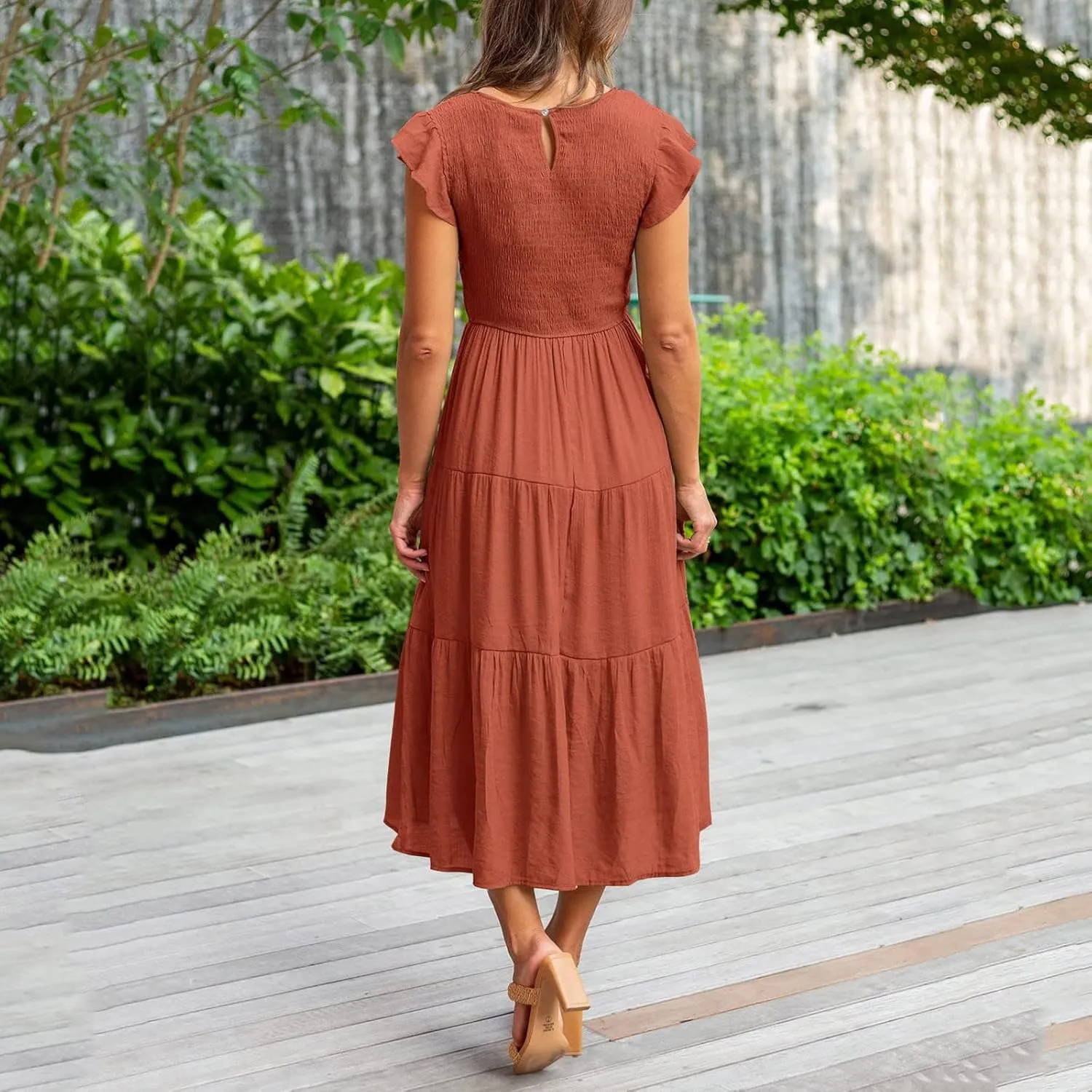 Women's Summer Floral Boho Dress Wrap V Neck Short Sleeve Ruffle A-Line Flowy Maxi Wedding Guest Dresses