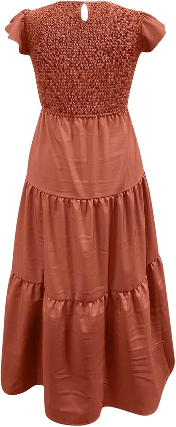 Women's Summer Floral Boho Dress Wrap V Neck Short Sleeve Ruffle A-Line Flowy Maxi Wedding Guest Dresses