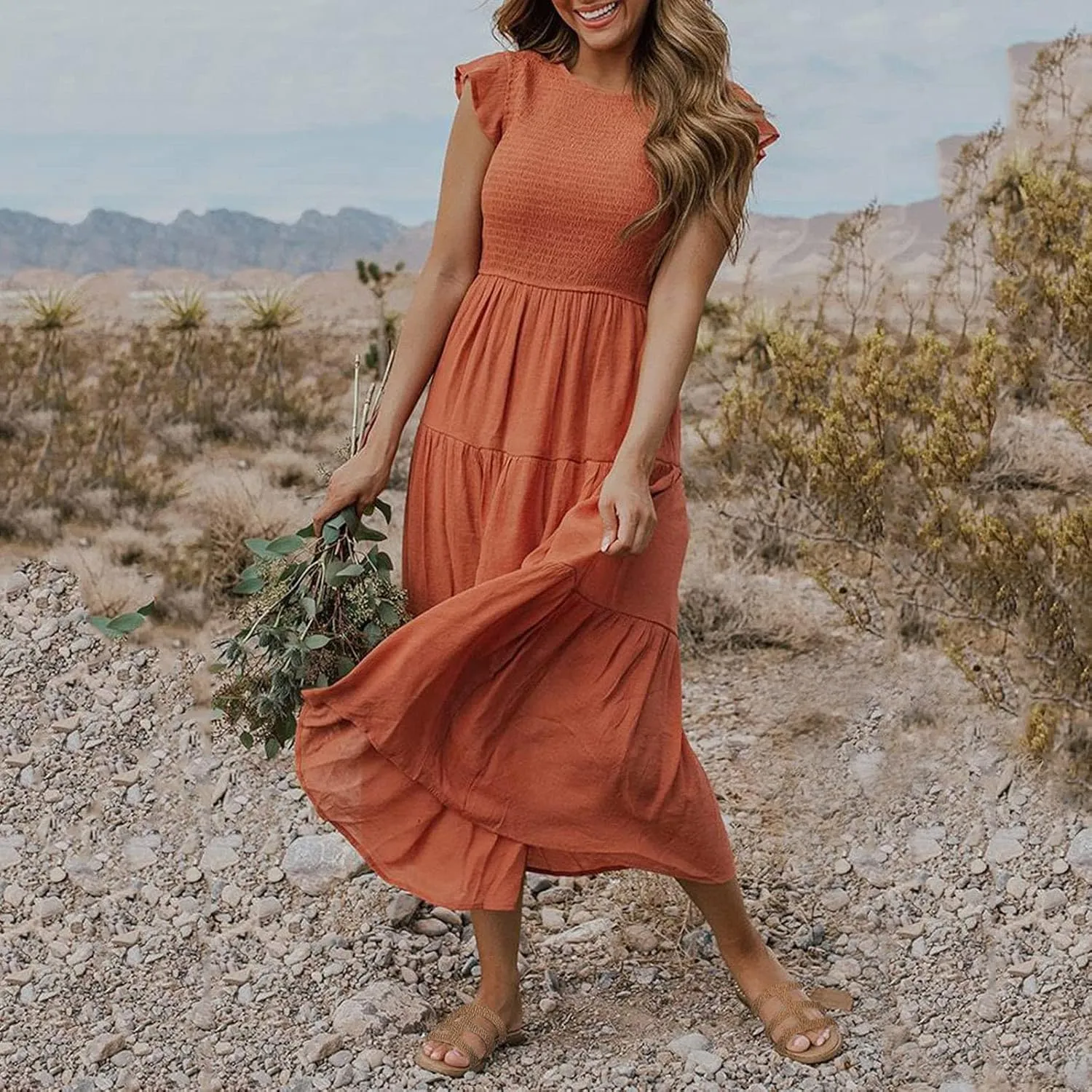 Women's Summer Floral Boho Dress Wrap V Neck Short Sleeve Ruffle A-Line Flowy Maxi Wedding Guest Dresses