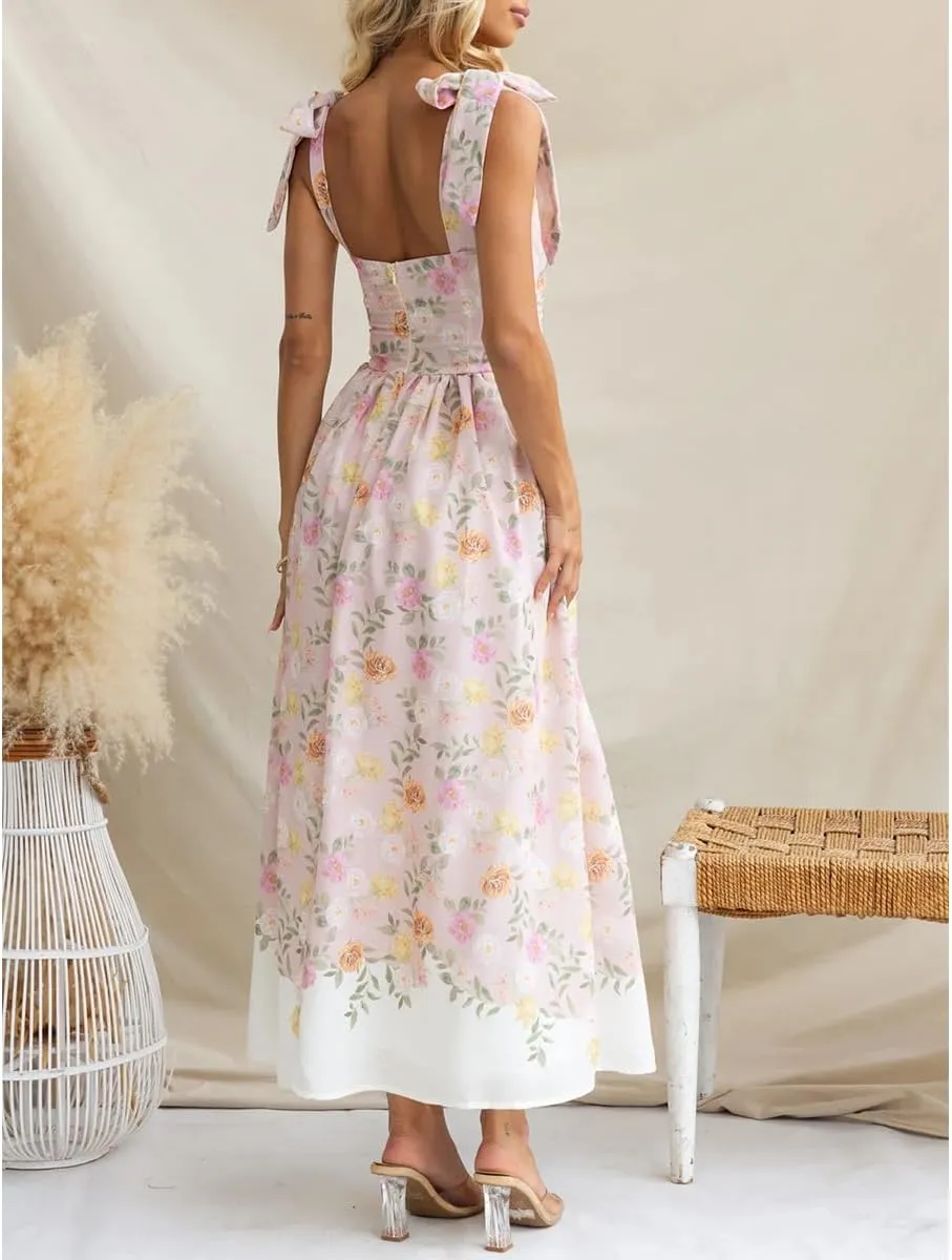 Women's Summer Floral Corset Dress High Waist Slim Fit Adjustable Shoulder Strap Elegant Flowy Midi Dresses