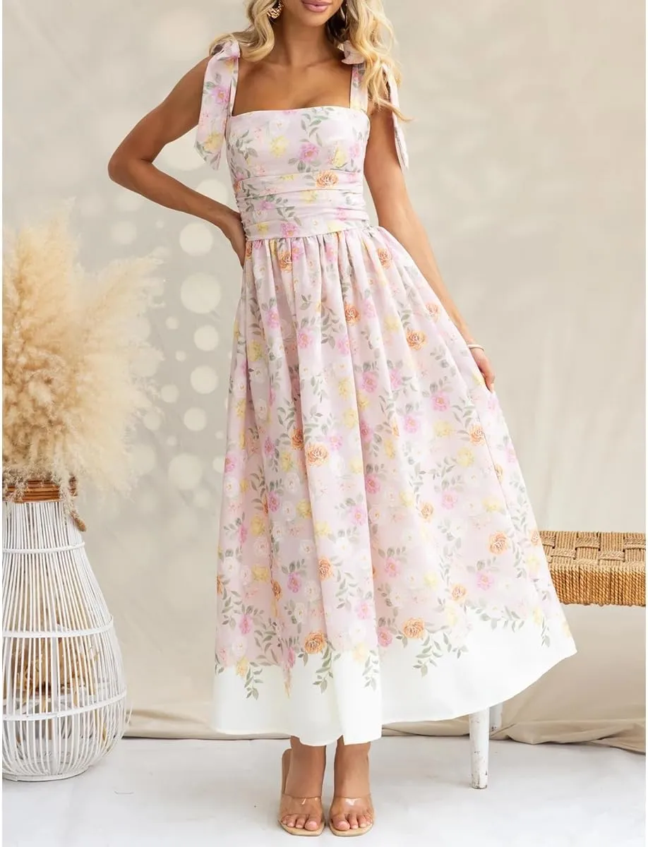 Women's Summer Floral Corset Dress High Waist Slim Fit Adjustable Shoulder Strap Elegant Flowy Midi Dresses