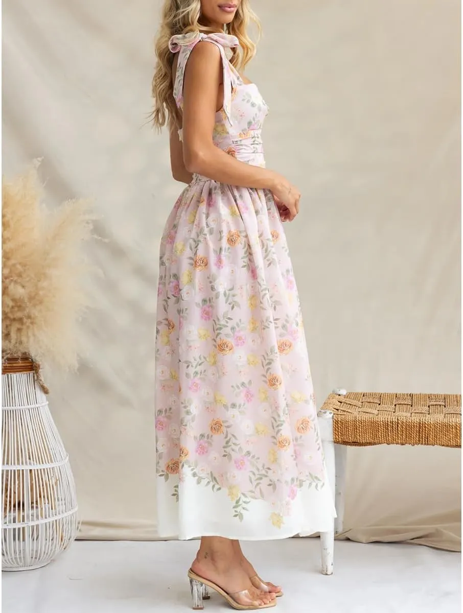 Women's Summer Floral Corset Dress High Waist Slim Fit Adjustable Shoulder Strap Elegant Flowy Midi Dresses