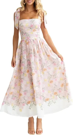 Women's Summer Floral Corset Dress High Waist Slim Fit Adjustable Shoulder Strap Elegant Flowy Midi Dresses