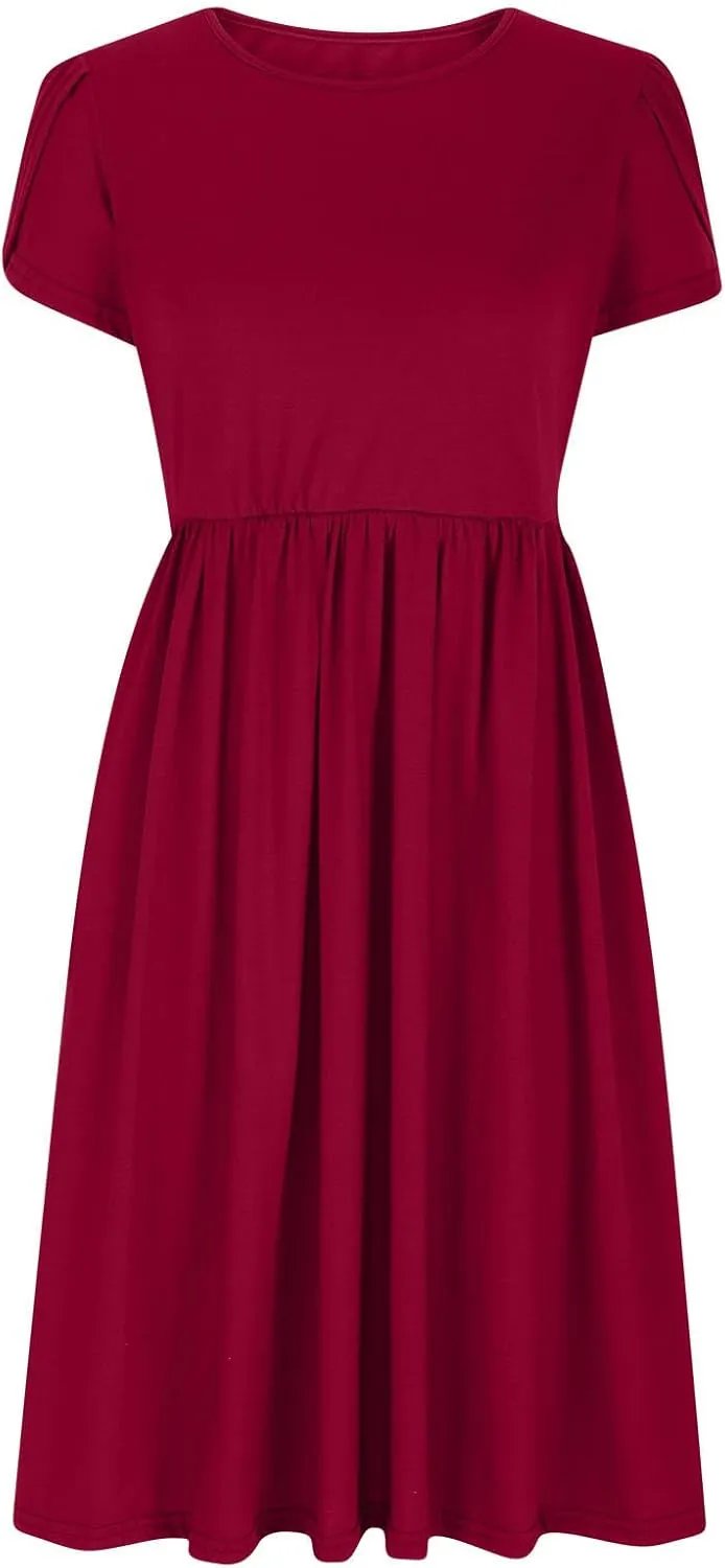 Women's Summer Flowy A-Line Midi Dresses Casual Petal Short Sleeve Solid T-Shirt Dress Beach Sundress with Pockets
