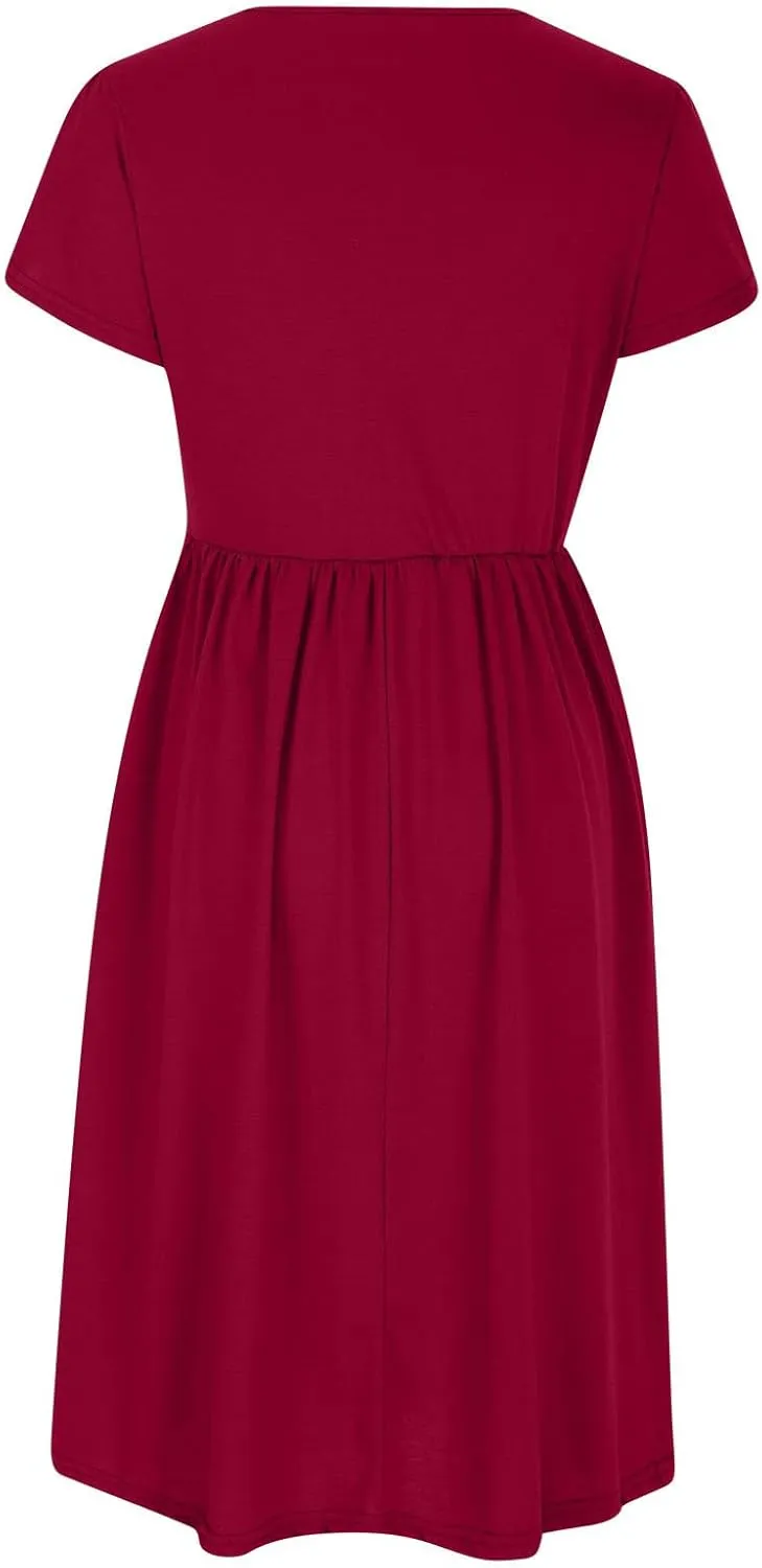 Women's Summer Flowy A-Line Midi Dresses Casual Petal Short Sleeve Solid T-Shirt Dress Beach Sundress with Pockets