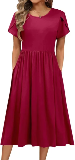 Women's Summer Flowy A-Line Midi Dresses Casual Petal Short Sleeve Solid T-Shirt Dress Beach Sundress with Pockets
