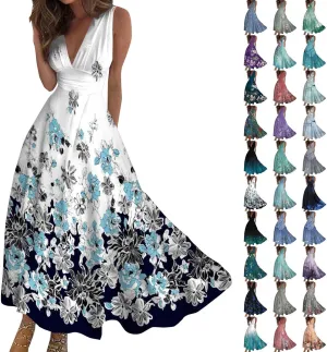 WomenS Summer Loose Boho Flowy Wrap V Neck Sleeveless Floral Print Slit Beach Wedding Guest Long Maxi Dresses