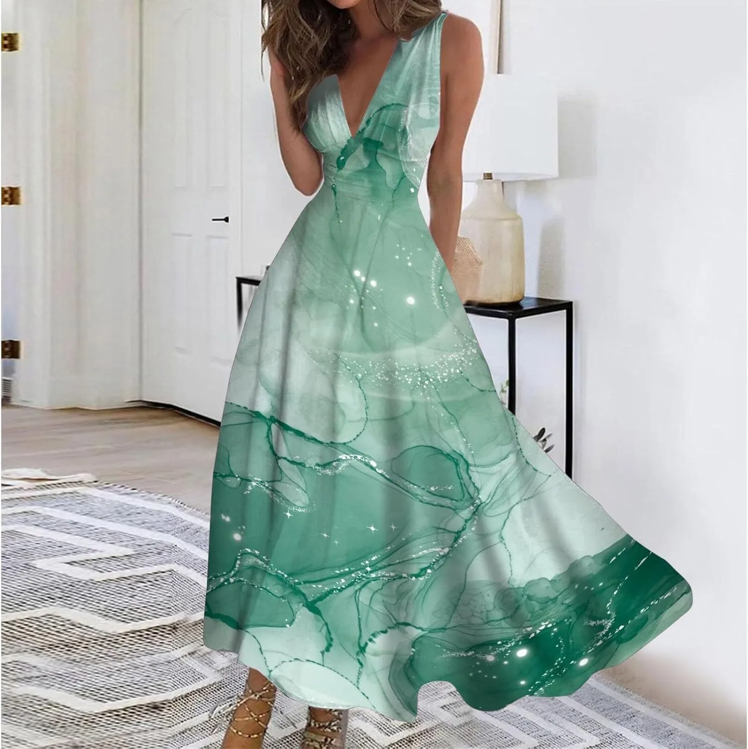 WomenS Summer Loose Boho Flowy Wrap V Neck Sleeveless Floral Print Slit Beach Wedding Guest Long Maxi Dresses