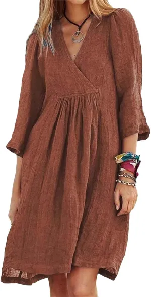 Womens Summer Midi Dresses Cotton Linen Dress V Neck Half Sleeve Loose Dresses Fashion Lightweight Casual Sundress