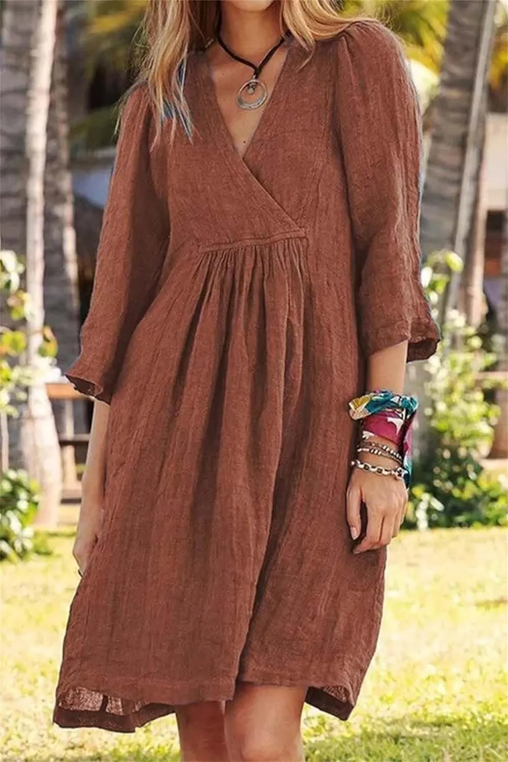 Womens Summer Midi Dresses Cotton Linen Dress V Neck Half Sleeve Loose Dresses Fashion Lightweight Casual Sundress