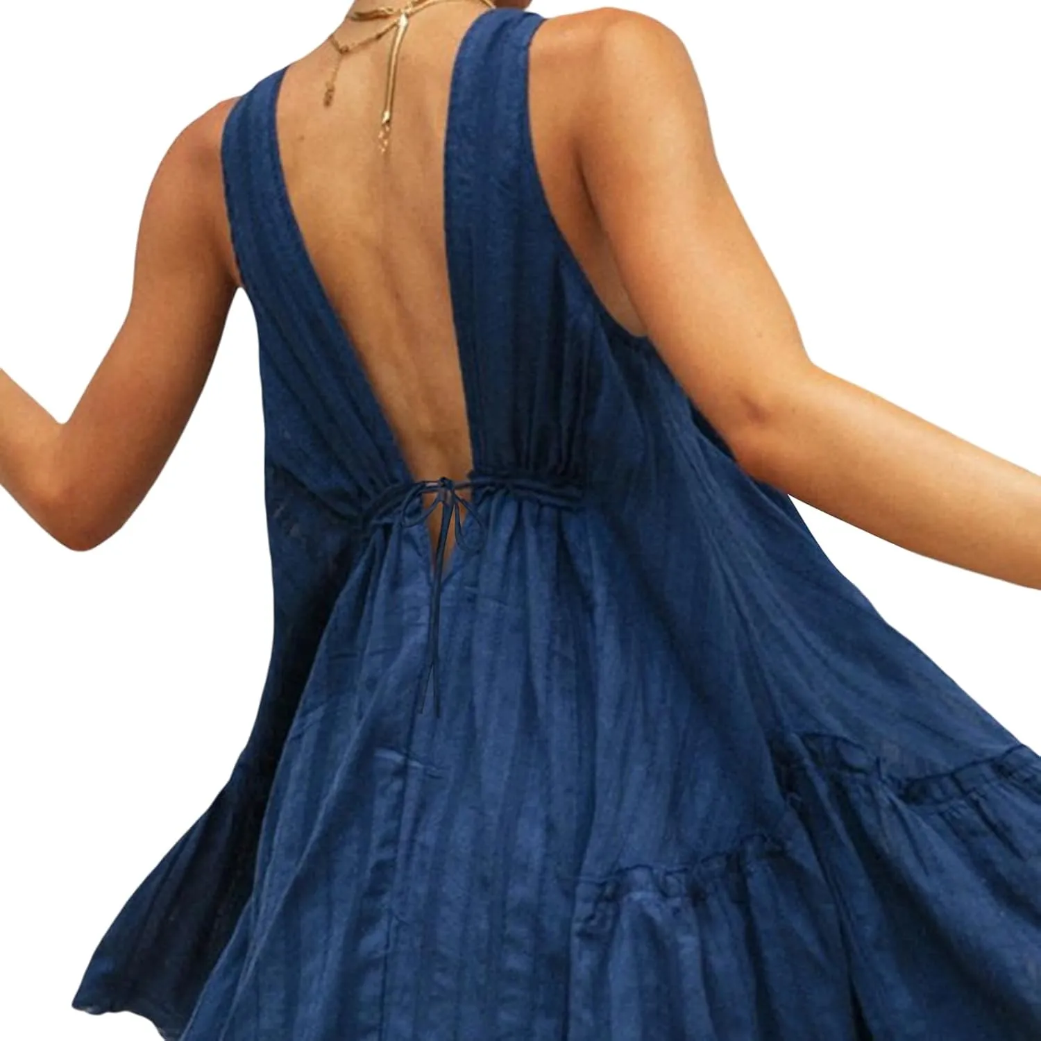 Women's Summer Mini Dresses Sleeveless Deep V Neck Tiered Swing Dress Backless Going Out Vacation Boho Sundress