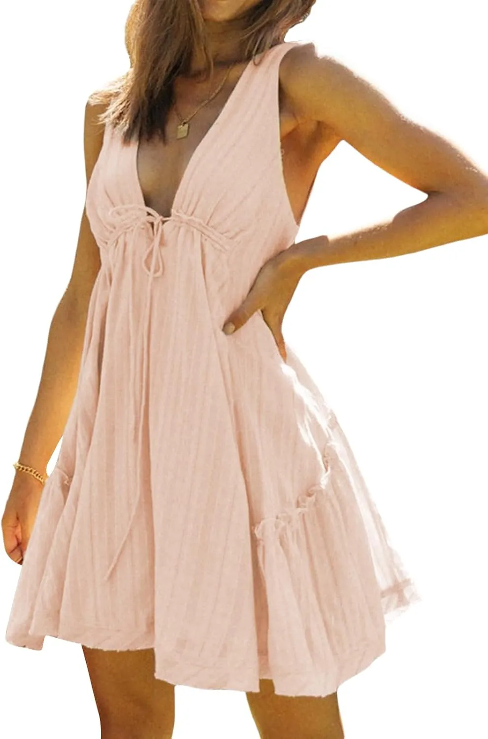 Women's Summer Mini Dresses Sleeveless Deep V Neck Tiered Swing Dress Backless Going Out Vacation Boho Sundress