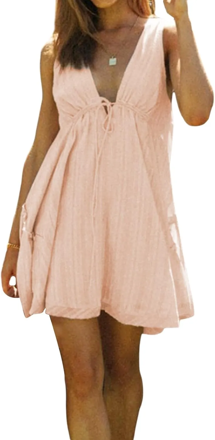 Women's Summer Mini Dresses Sleeveless Deep V Neck Tiered Swing Dress Backless Going Out Vacation Boho Sundress