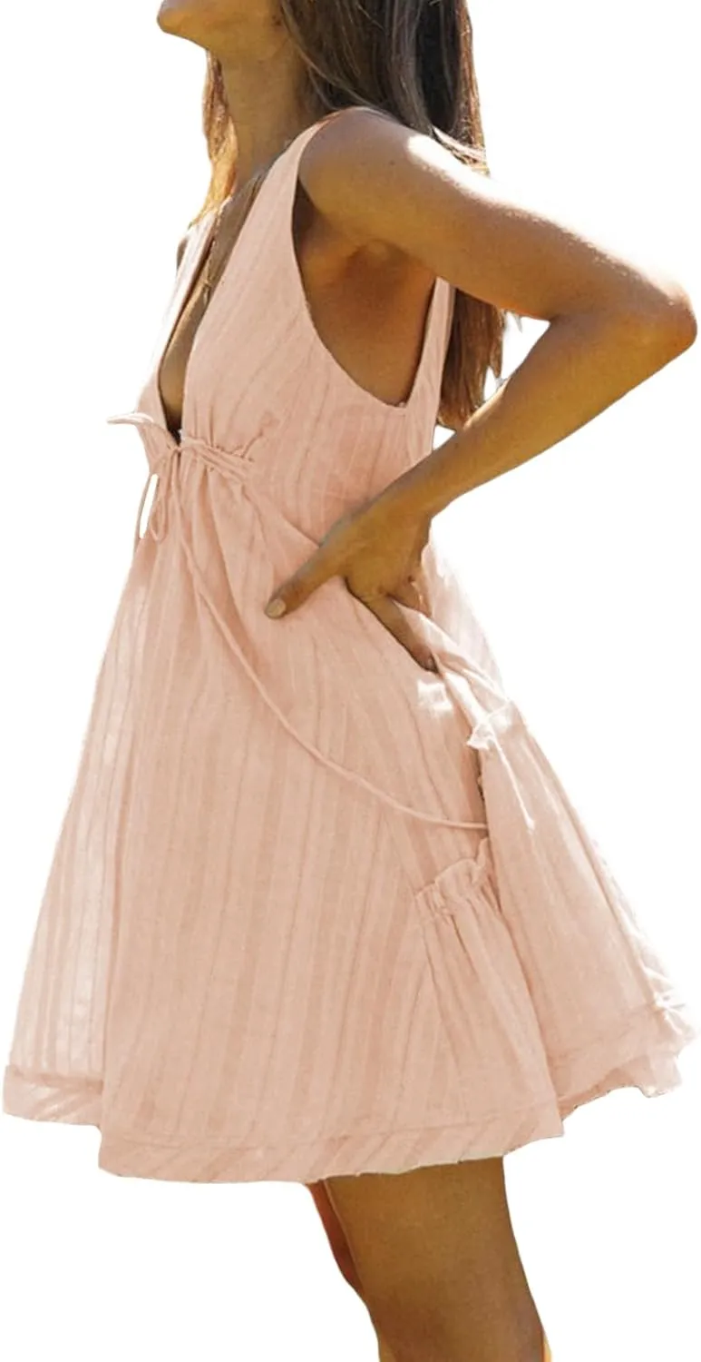 Women's Summer Mini Dresses Sleeveless Deep V Neck Tiered Swing Dress Backless Going Out Vacation Boho Sundress
