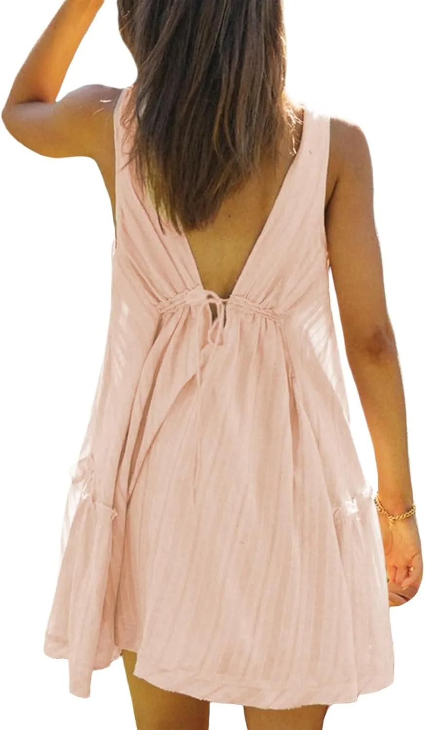Women's Summer Mini Dresses Sleeveless Deep V Neck Tiered Swing Dress Backless Going Out Vacation Boho Sundress