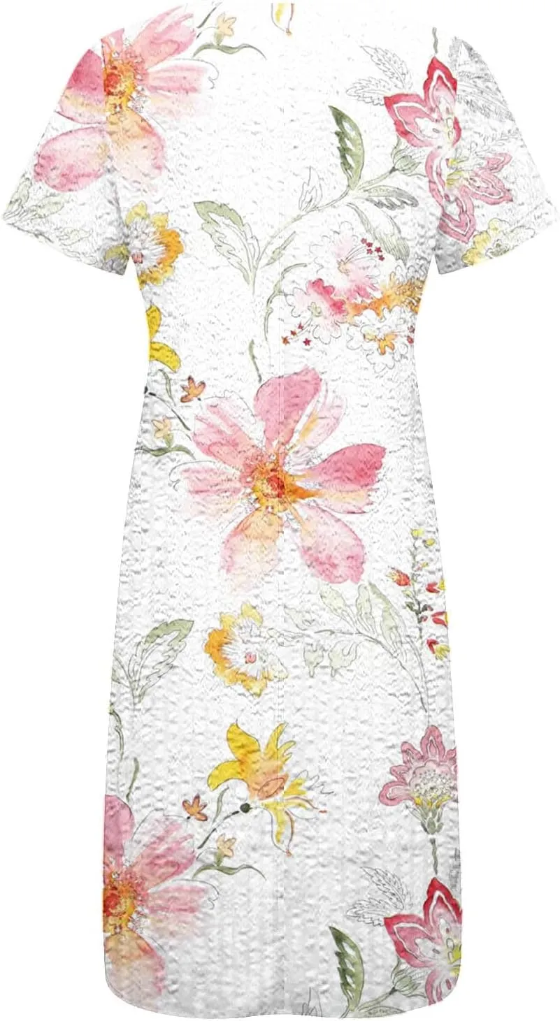 Womens Summer Short Sleeve Wrap V Neck Mini Sundress Button Down Boho Floral Long Dress Basic Casual Dresses 2025