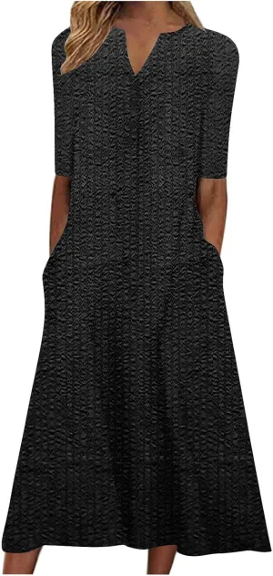 Womens Summer Short Sleeve Wrap V Neck Mini Sundress Button Down Boho Floral Long Dress Basic Casual Dresses 2025