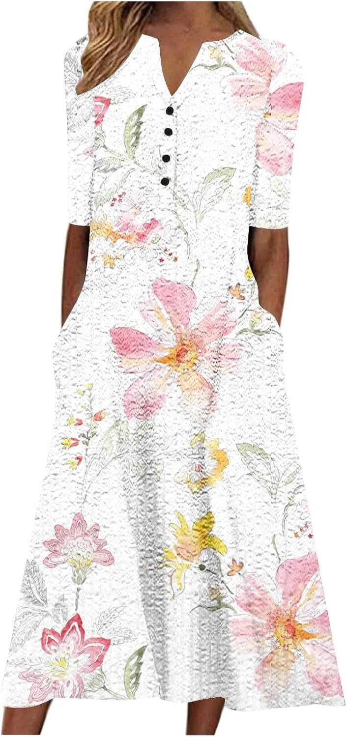 Womens Summer Short Sleeve Wrap V Neck Mini Sundress Button Down Boho Floral Long Dress Basic Casual Dresses 2025