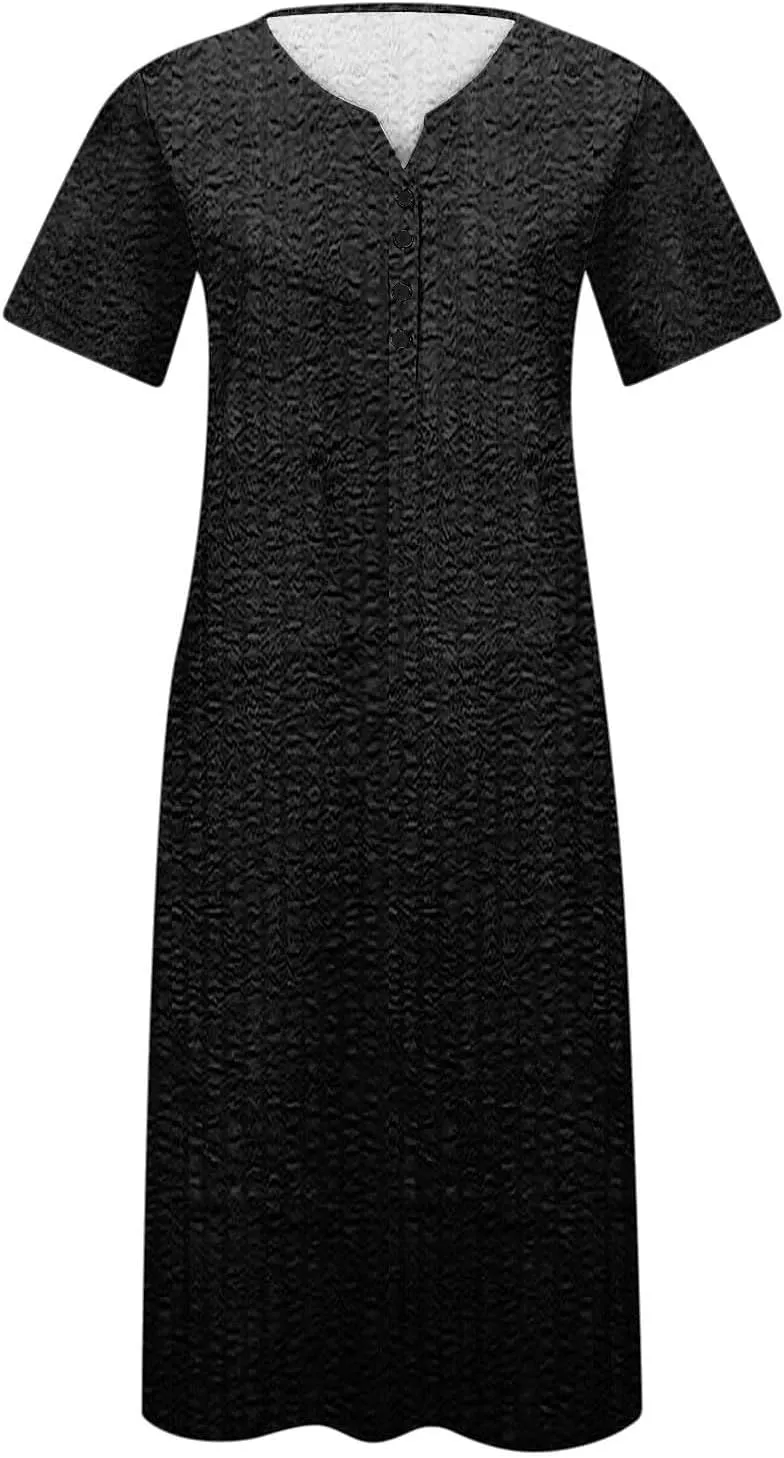 Womens Summer Short Sleeve Wrap V Neck Mini Sundress Button Down Boho Floral Long Dress Basic Casual Dresses 2025