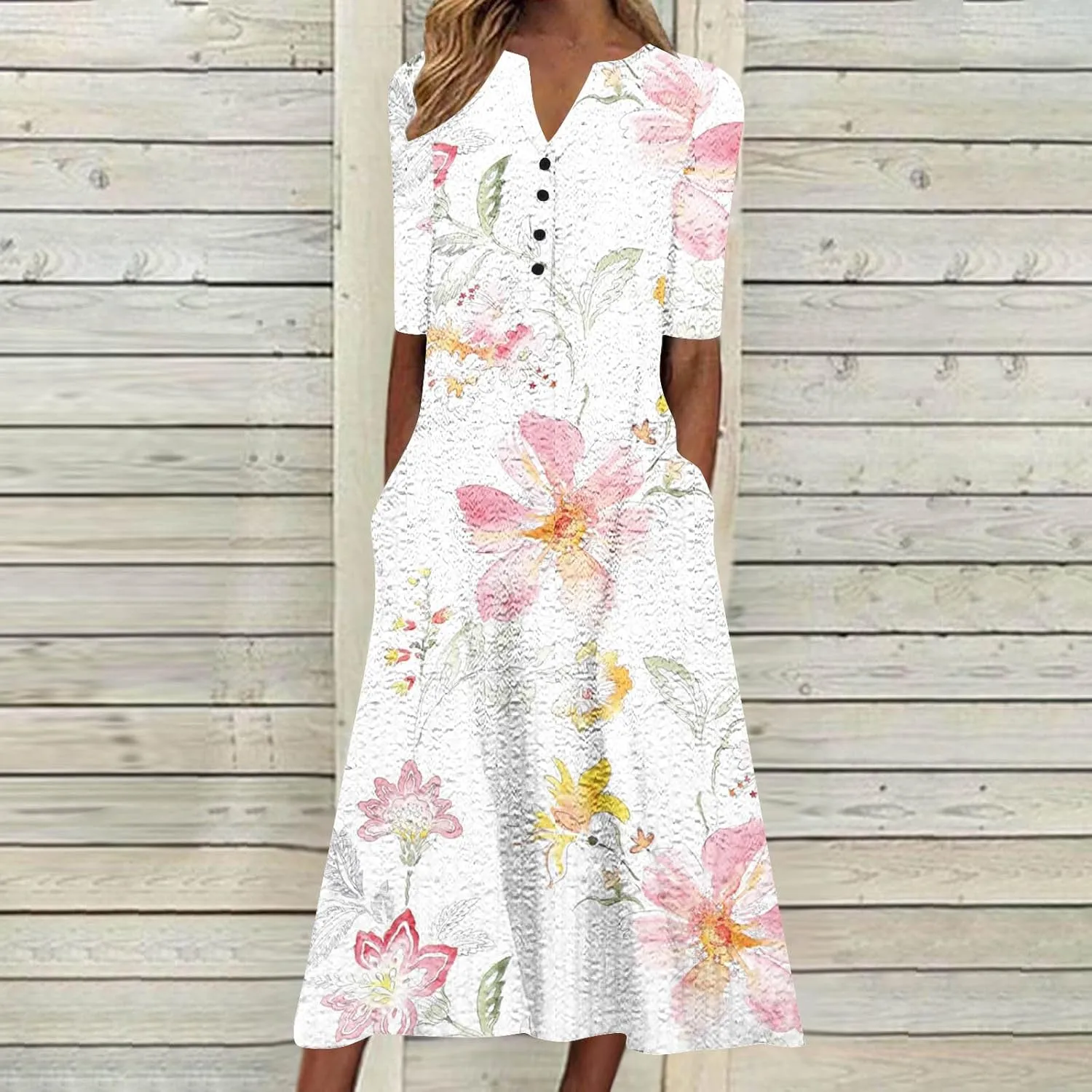 Womens Summer Short Sleeve Wrap V Neck Mini Sundress Button Down Boho Floral Long Dress Basic Casual Dresses 2025