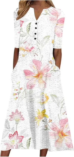 Womens Summer Short Sleeve Wrap V Neck Mini Sundress Button Down Boho Floral Long Dress Basic Casual Dresses 2025