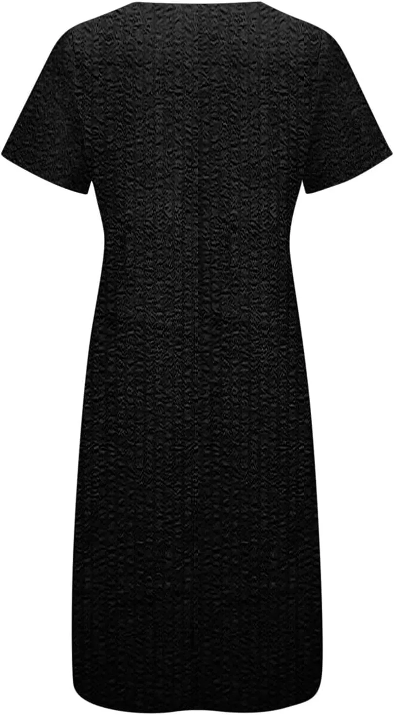 Womens Summer Short Sleeve Wrap V Neck Mini Sundress Button Down Boho Floral Long Dress Basic Casual Dresses 2025