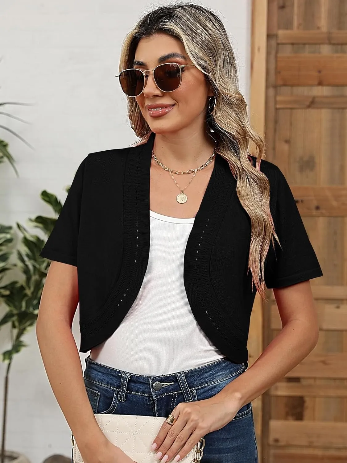 Women's Summer Short Sleeves Bolero Shrugs Cut Out Knit Cropped Open Front Lightweight Cardigan