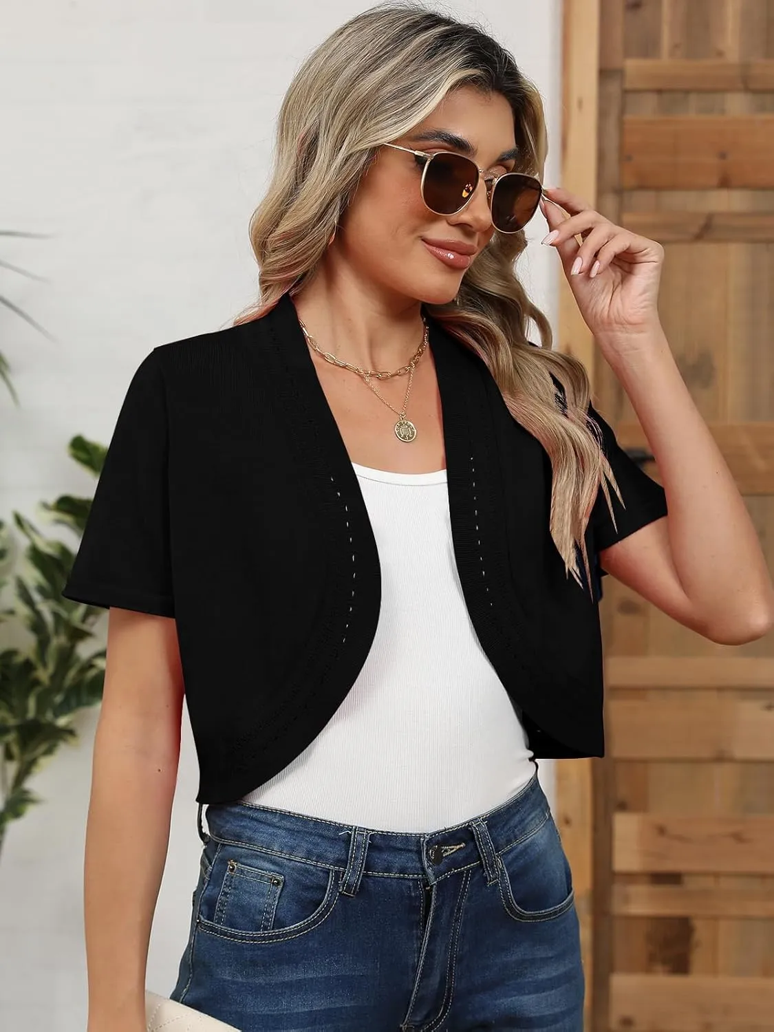 Women's Summer Short Sleeves Bolero Shrugs Cut Out Knit Cropped Open Front Lightweight Cardigan