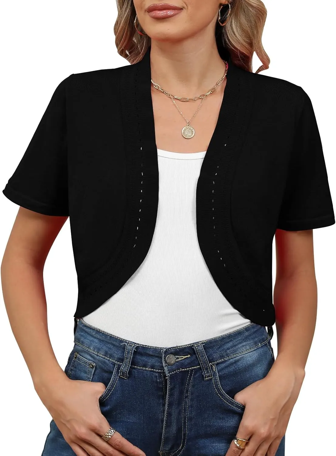 Women's Summer Short Sleeves Bolero Shrugs Cut Out Knit Cropped Open Front Lightweight Cardigan