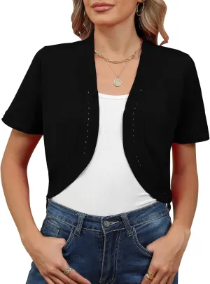 Women's Summer Short Sleeves Bolero Shrugs Cut Out Knit Cropped Open Front Lightweight Cardigan