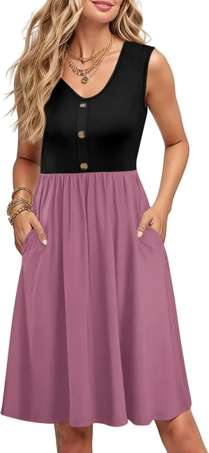 Womens Summer Sleeveless Dresses Color Block Casual Swing Sundress with Pockets Lightweight V-Neck Beach Dress 2025