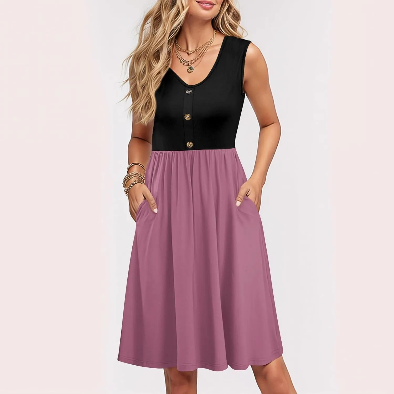 Womens Summer Sleeveless Dresses Color Block Casual Swing Sundress with Pockets Lightweight V-Neck Beach Dress 2025