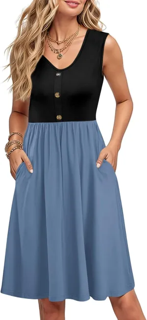 Womens Summer Sleeveless Dresses Color Block Casual Swing Sundress with Pockets Lightweight V-Neck Beach Dress 2025