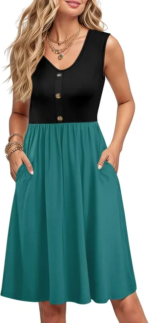 Womens Summer Sleeveless Dresses Color Block Casual Swing Sundress with Pockets Lightweight V-Neck Beach Dress 2025