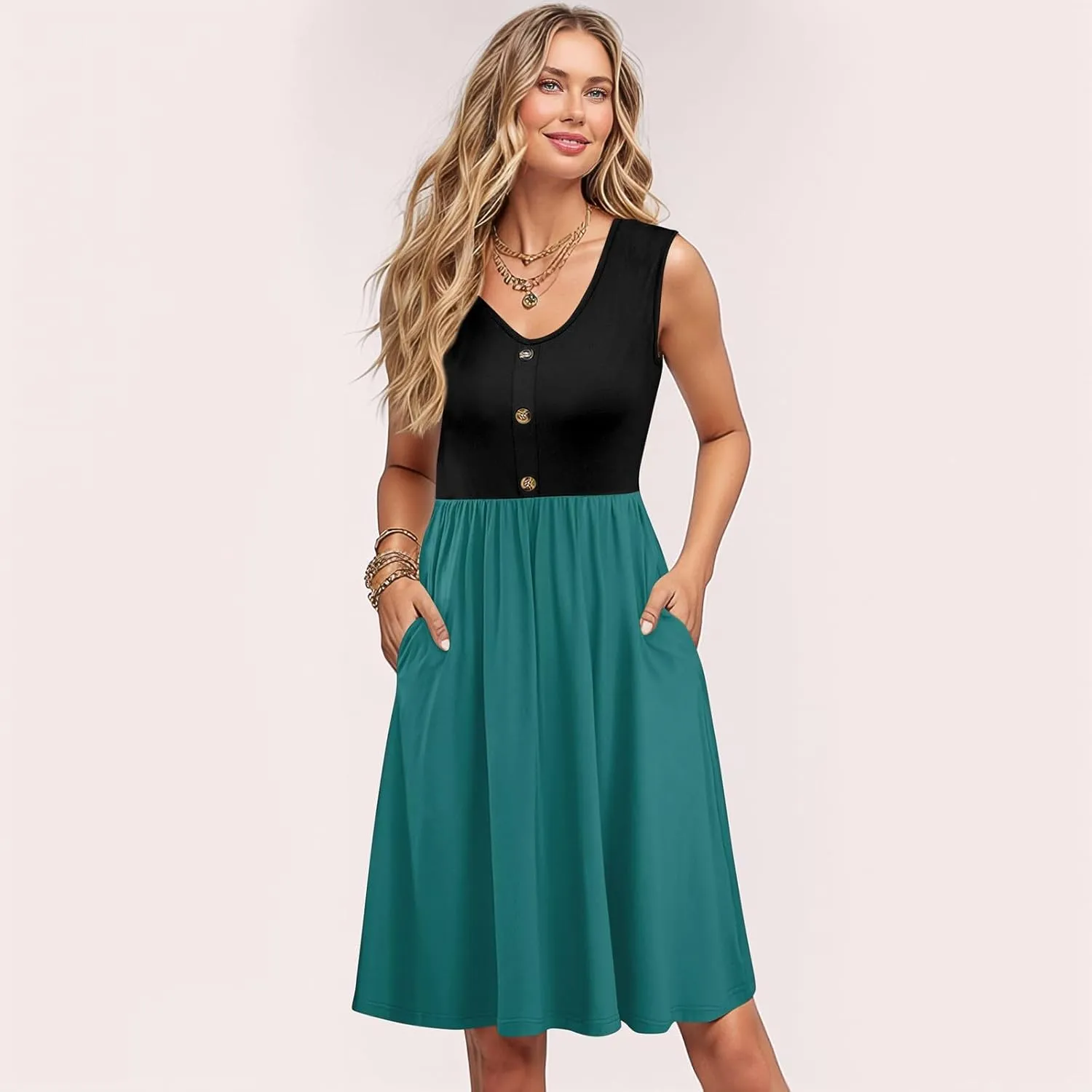 Womens Summer Sleeveless Dresses Color Block Casual Swing Sundress with Pockets Lightweight V-Neck Beach Dress 2025