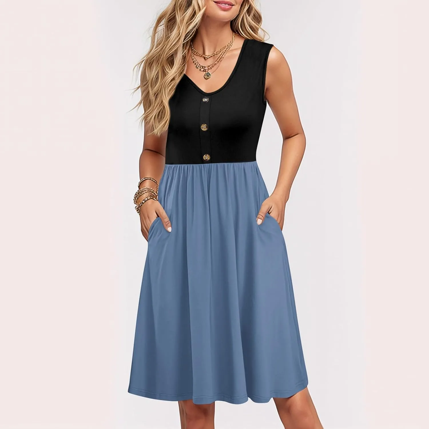 Womens Summer Sleeveless Dresses Color Block Casual Swing Sundress with Pockets Lightweight V-Neck Beach Dress 2025