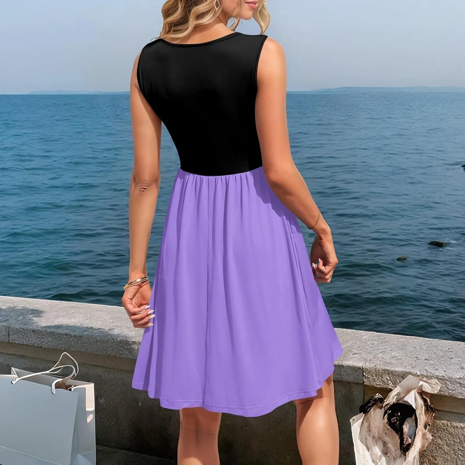 Womens Summer Sleeveless Dresses Color Block Casual Swing Sundress with Pockets Lightweight V-Neck Beach Dress 2025