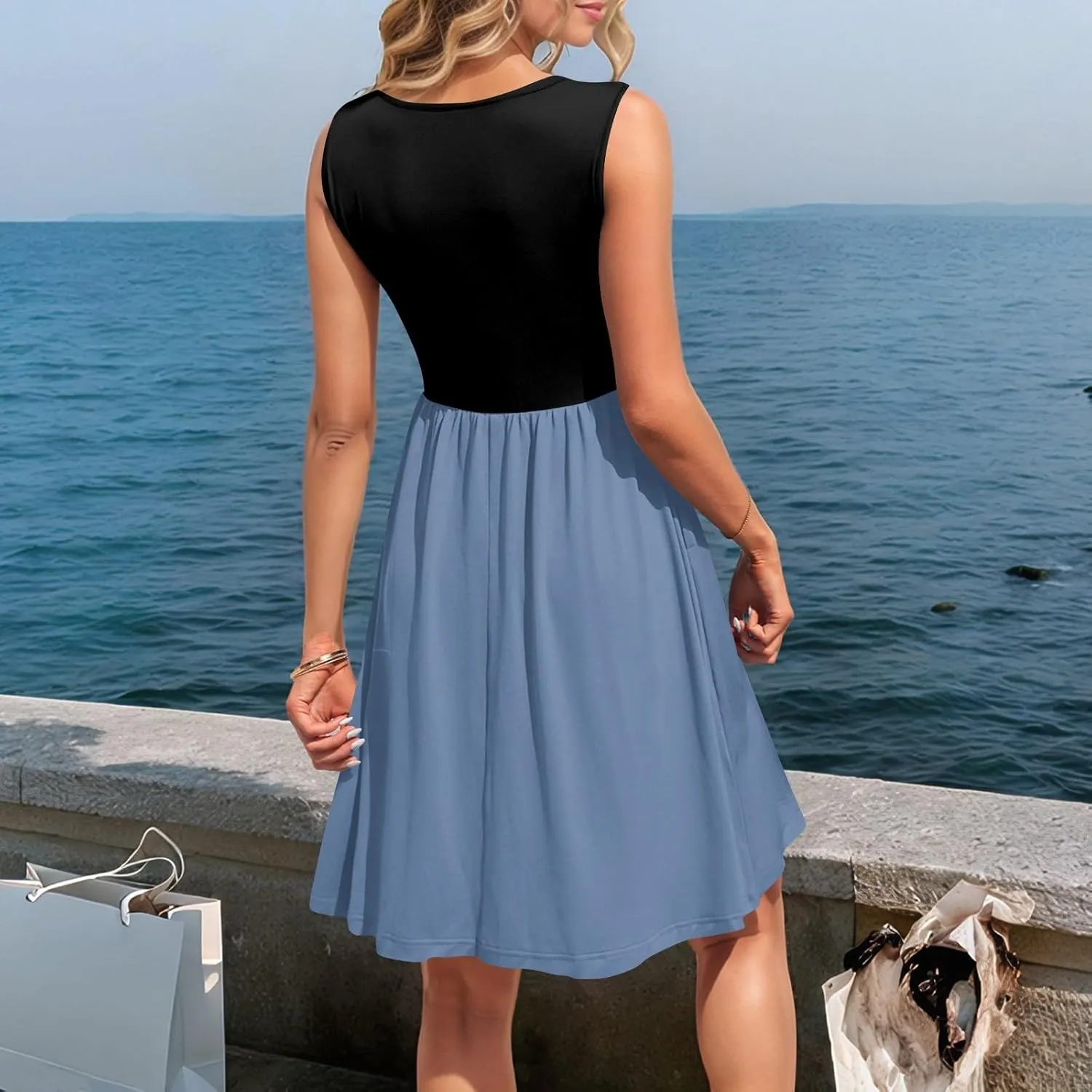 Womens Summer Sleeveless Dresses Color Block Casual Swing Sundress with Pockets Lightweight V-Neck Beach Dress 2025