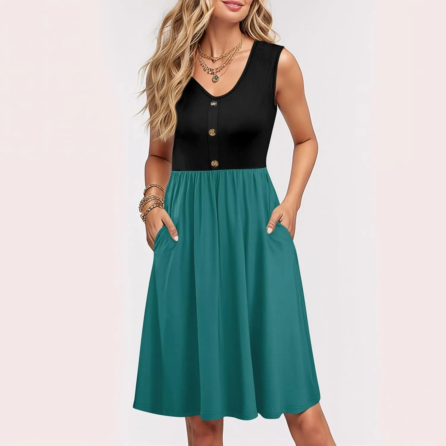 Womens Summer Sleeveless Dresses Color Block Casual Swing Sundress with Pockets Lightweight V-Neck Beach Dress 2025