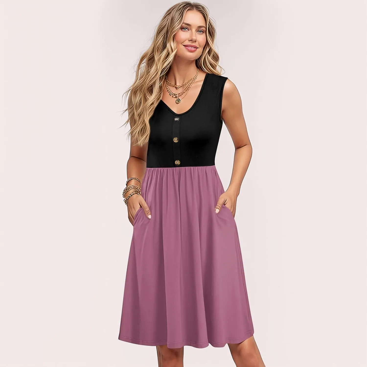 Womens Summer Sleeveless Dresses Color Block Casual Swing Sundress with Pockets Lightweight V-Neck Beach Dress 2025