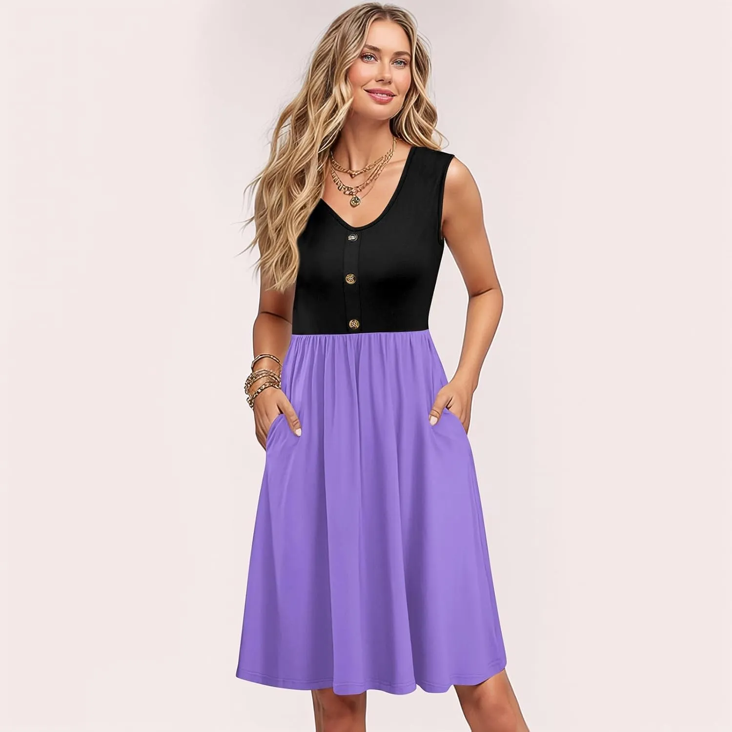 Womens Summer Sleeveless Dresses Color Block Casual Swing Sundress with Pockets Lightweight V-Neck Beach Dress 2025