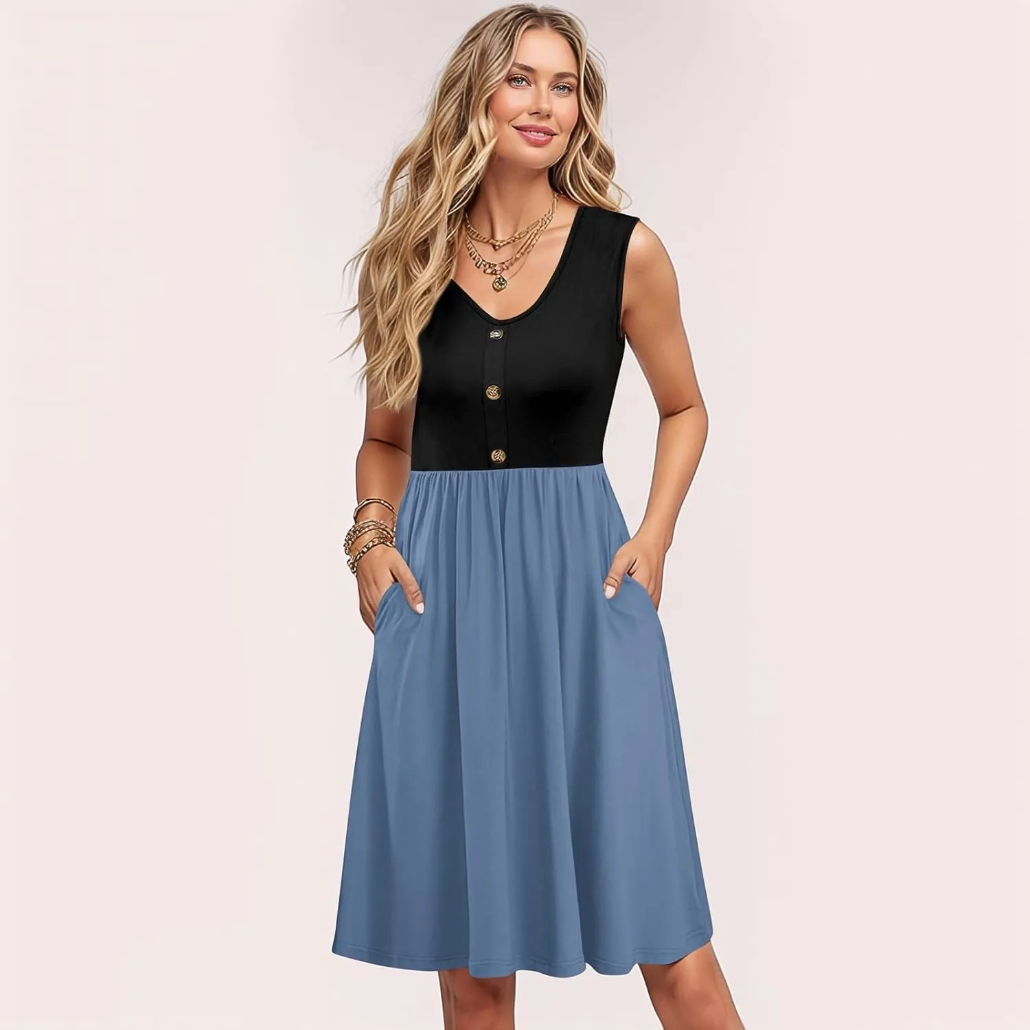 Womens Summer Sleeveless Dresses Color Block Casual Swing Sundress with Pockets Lightweight V-Neck Beach Dress 2025