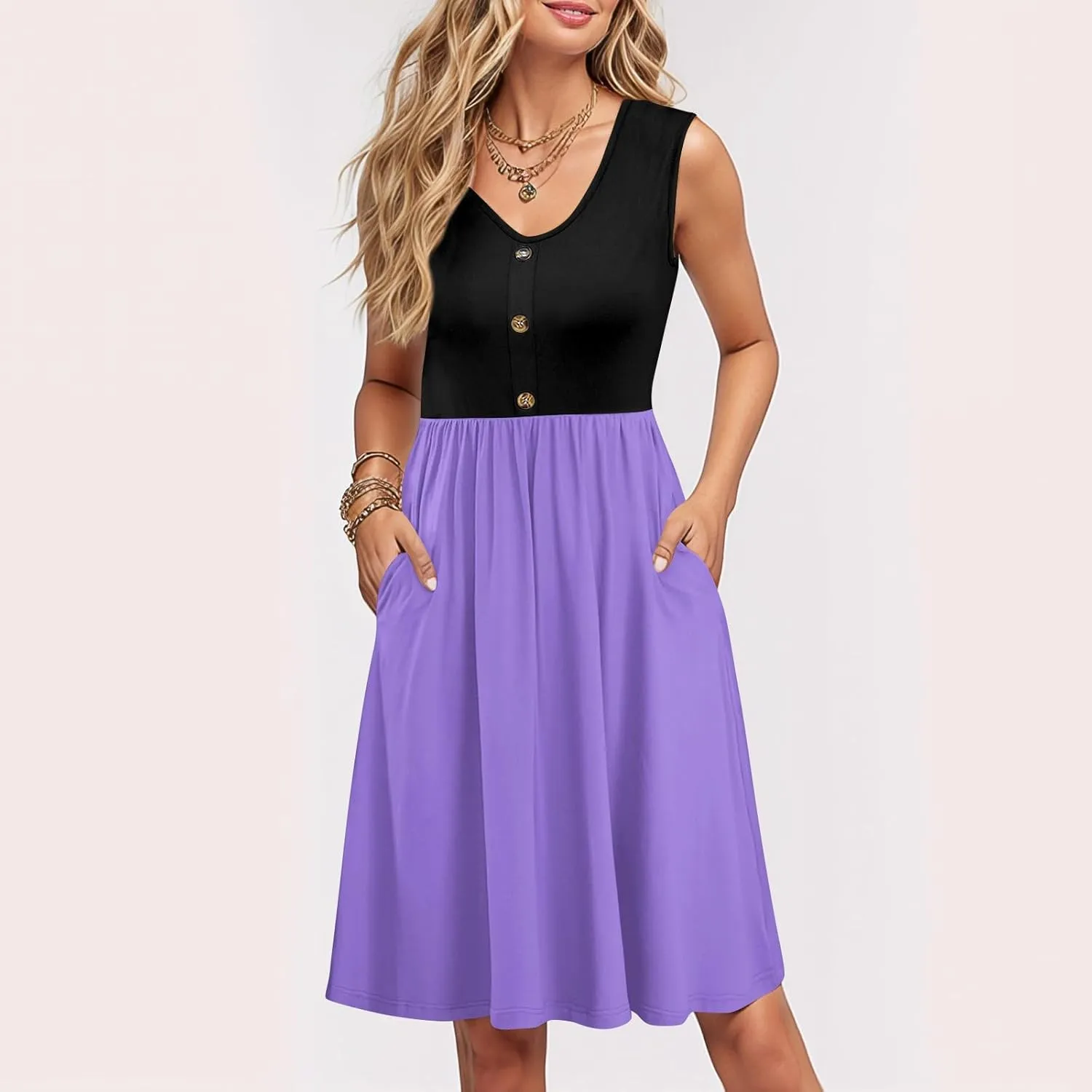 Womens Summer Sleeveless Dresses Color Block Casual Swing Sundress with Pockets Lightweight V-Neck Beach Dress 2025