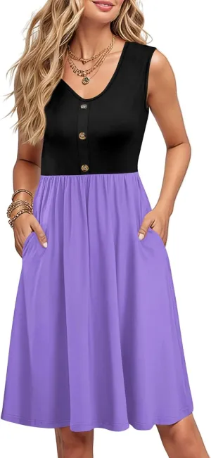 Womens Summer Sleeveless Dresses Color Block Casual Swing Sundress with Pockets Lightweight V-Neck Beach Dress 2025