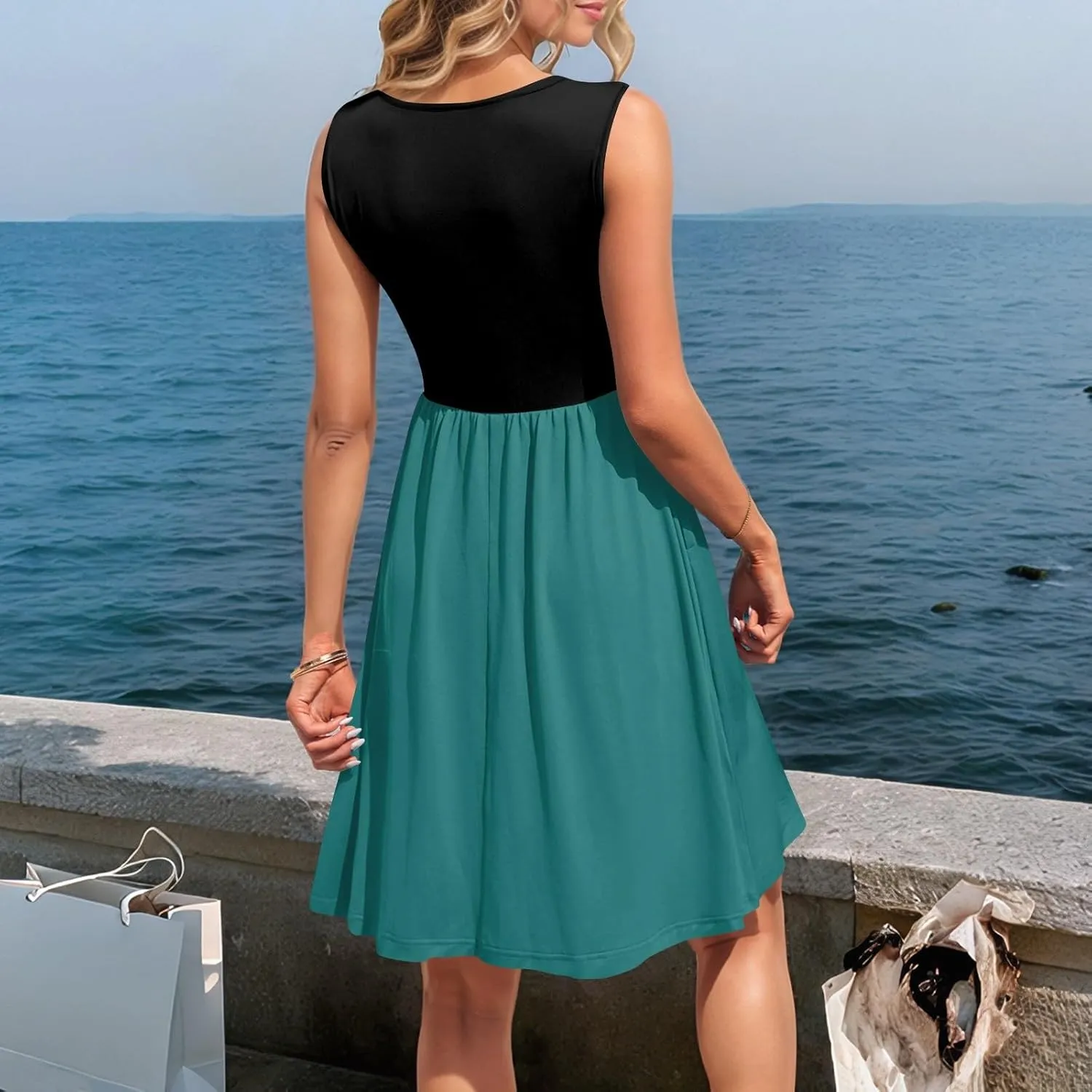 Womens Summer Sleeveless Dresses Color Block Casual Swing Sundress with Pockets Lightweight V-Neck Beach Dress 2025